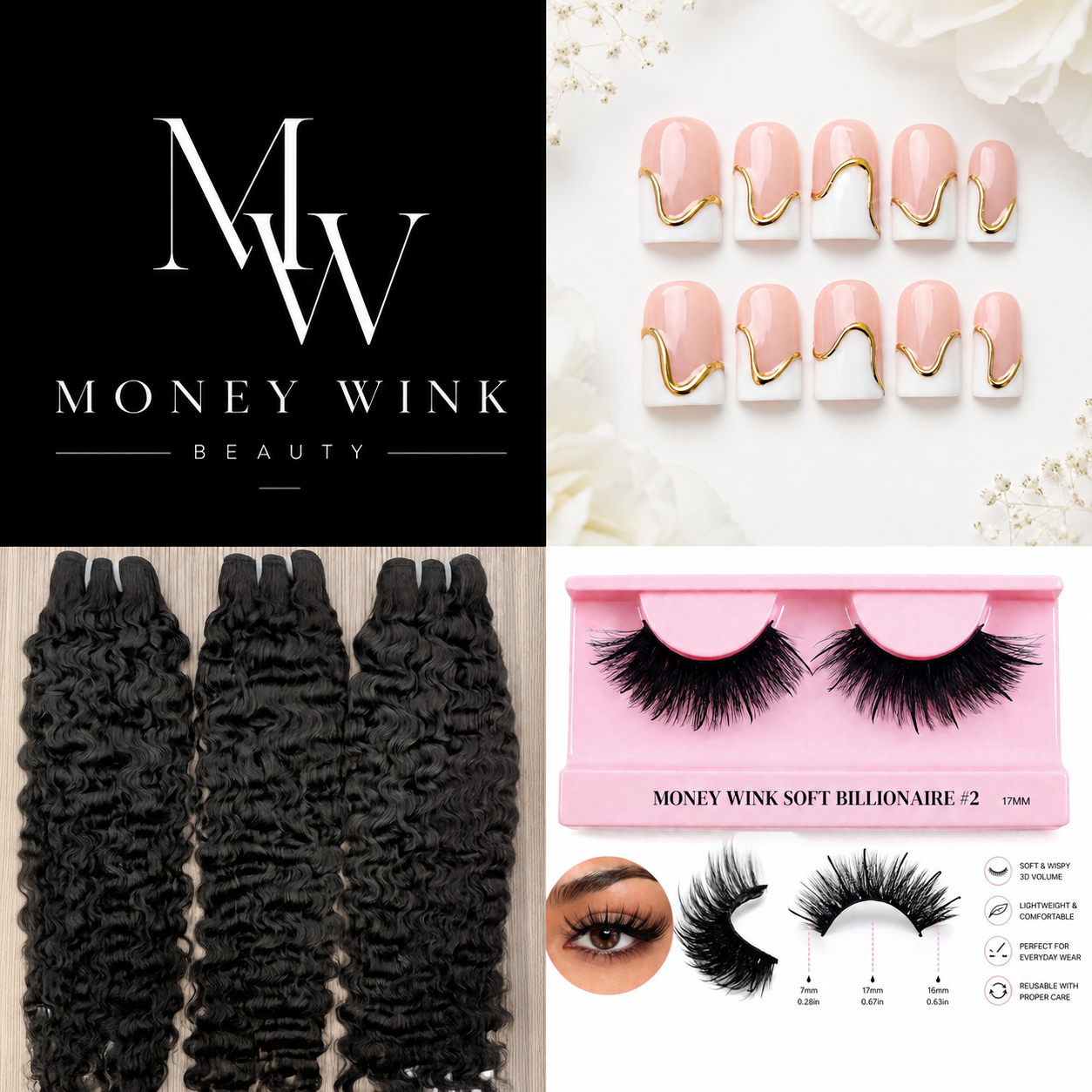 The Rich Girl Starter Kit — lashes, press-on nails and Burmese curly hair styled together